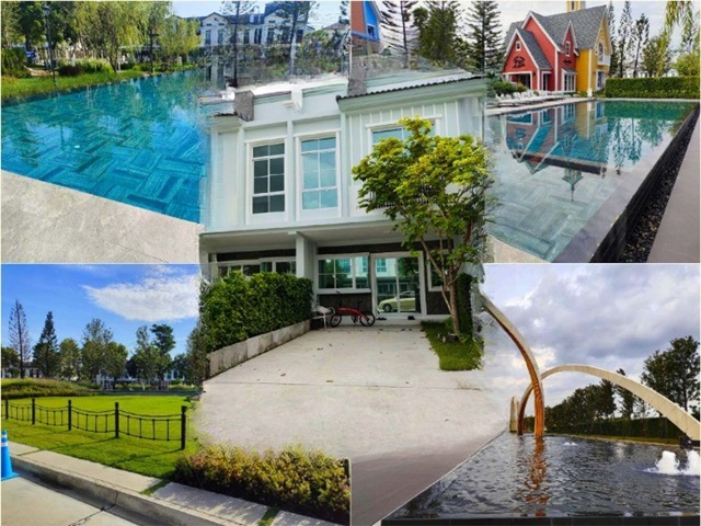 มีสวนและเครื่องเด็กเล่นในโครงการหลายไร่ ให้เช่าบ้านหรู 2 ชั้น  122ตรม. Indy รามคำแหง 2 เมกา บางนา 19ตรว. เฟอร์ครบ 2นอน 3น้ำ 2จอดรถ